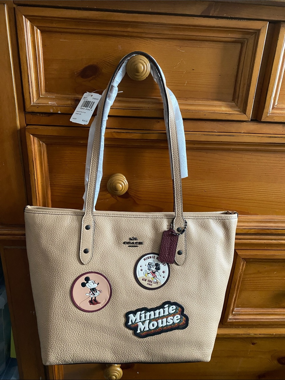 Coach Beige Leather Tote with Minnie Mouse Patches